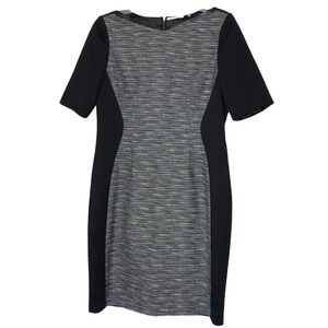 T TAHARI - Cotton Black & White Sheath Dress w/ Faux Leather Trim - Size 14